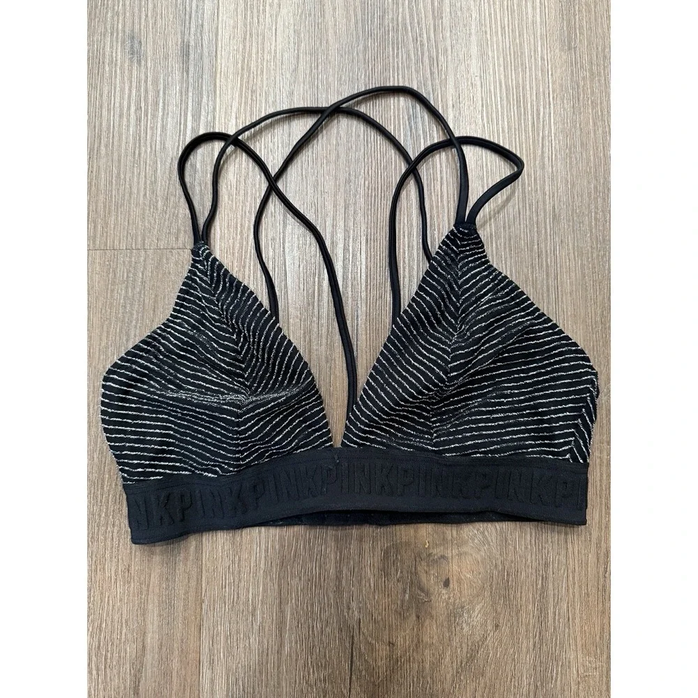 Victoria's Secret Bra Medium Black‎ Unlined Wirefree Silver Stripe Logo